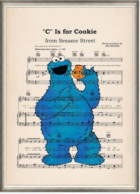 sheet music of the song, "C is for Cookie" with a cartoon Cookie Monster superimposed